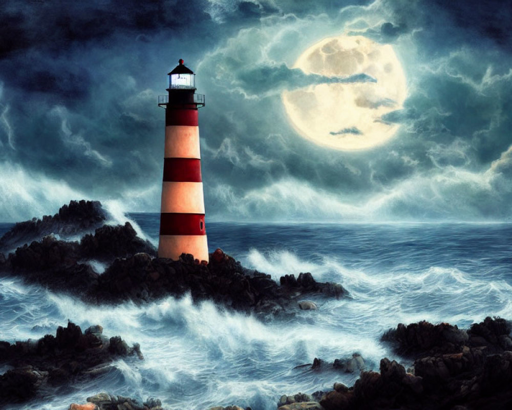 Red and White Striped Lighthouse on Rocky Terrain Against Stormy Sea and Full Moon Sky