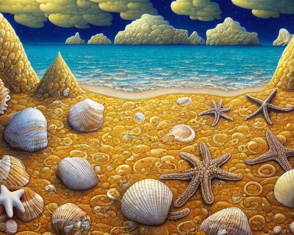 Illustrated beach scene with starfish, seashells, turquoise sea, unique clouds, and cone