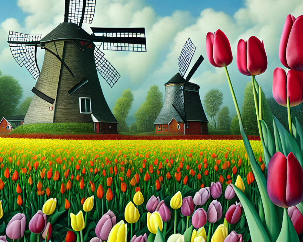 Colorful Dutch landscape with windmills, tulip field, and blue sky