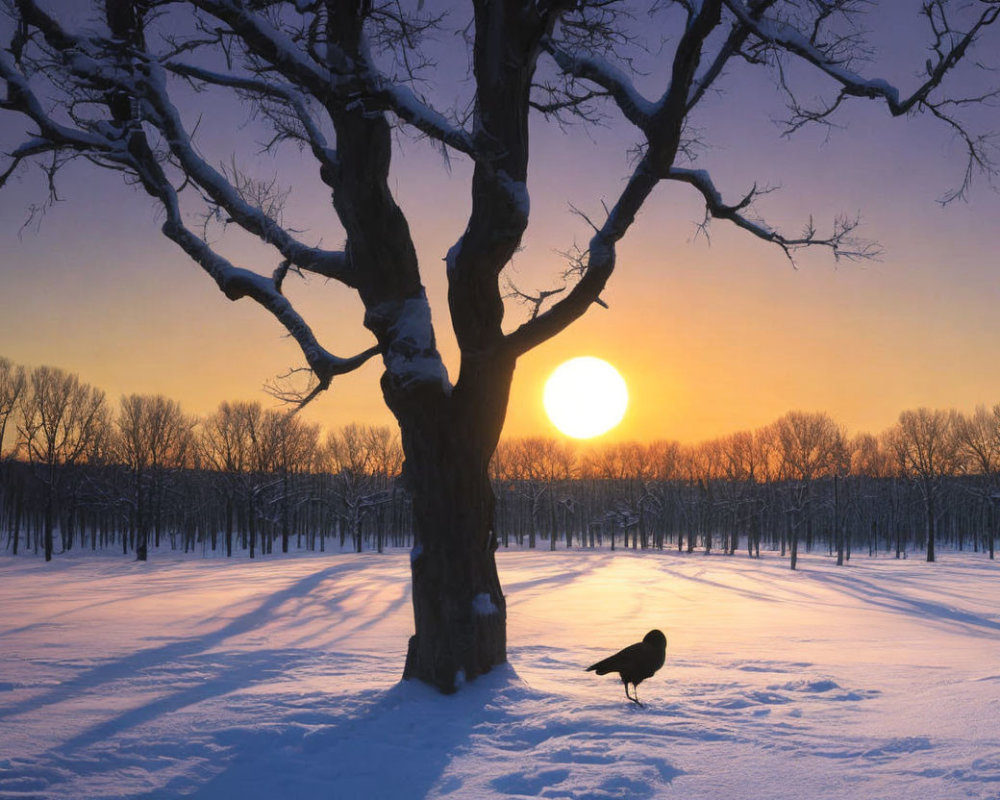 Crow perched on snow with sunrise and silhouetted trees