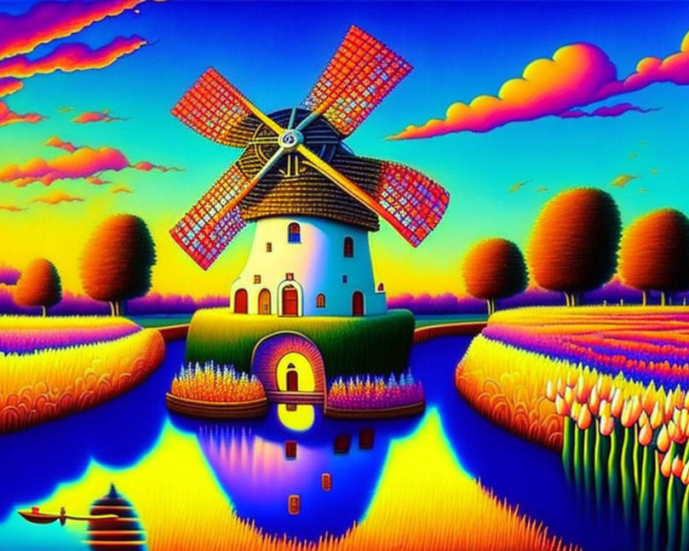 Colorful landscape with windmill reflected in water, vibrant fields, surreal sky