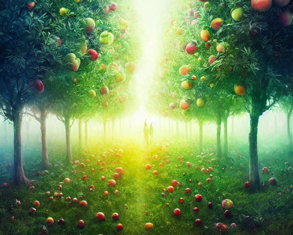 Orchard scene with colorful apples and misty ambiance