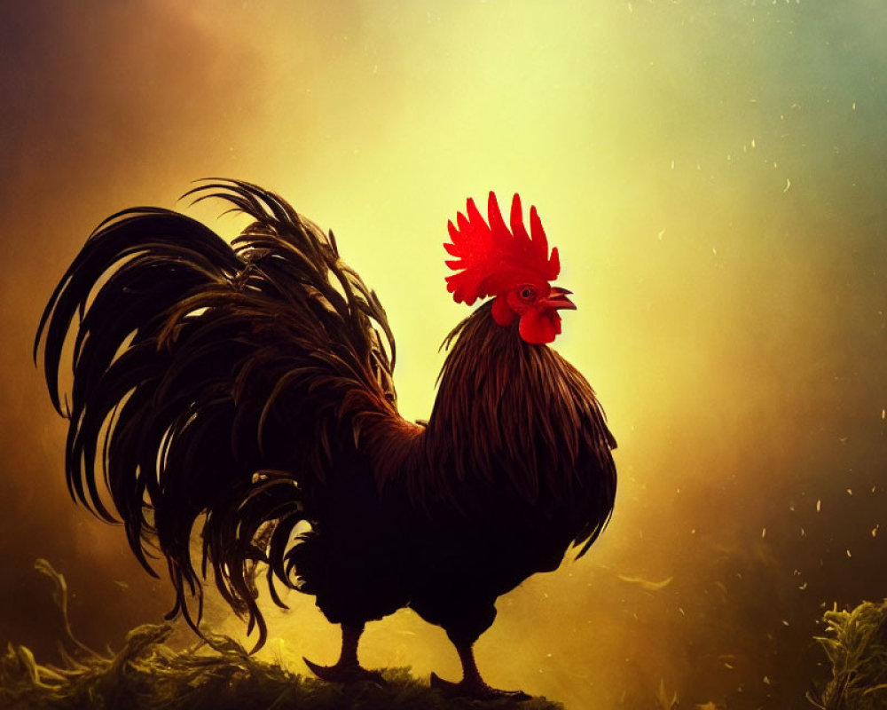 Majestic rooster with full plumage in golden sunlight