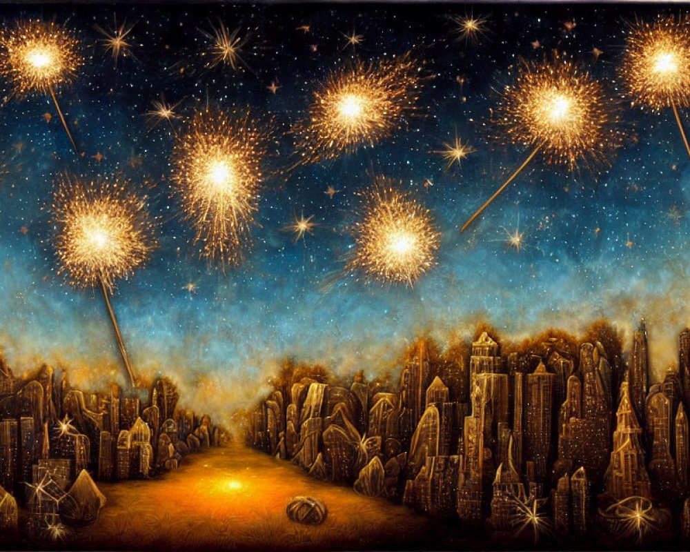 Nighttime cityscape painting with fireworks and star-filled sky above warmly lit streets