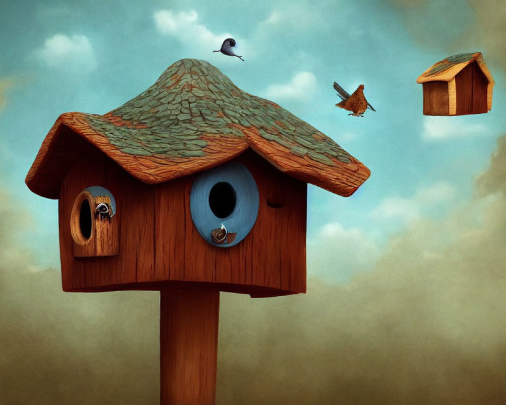 Illustration of large birdhouse, squirrel, and flying bird under cloudy sky