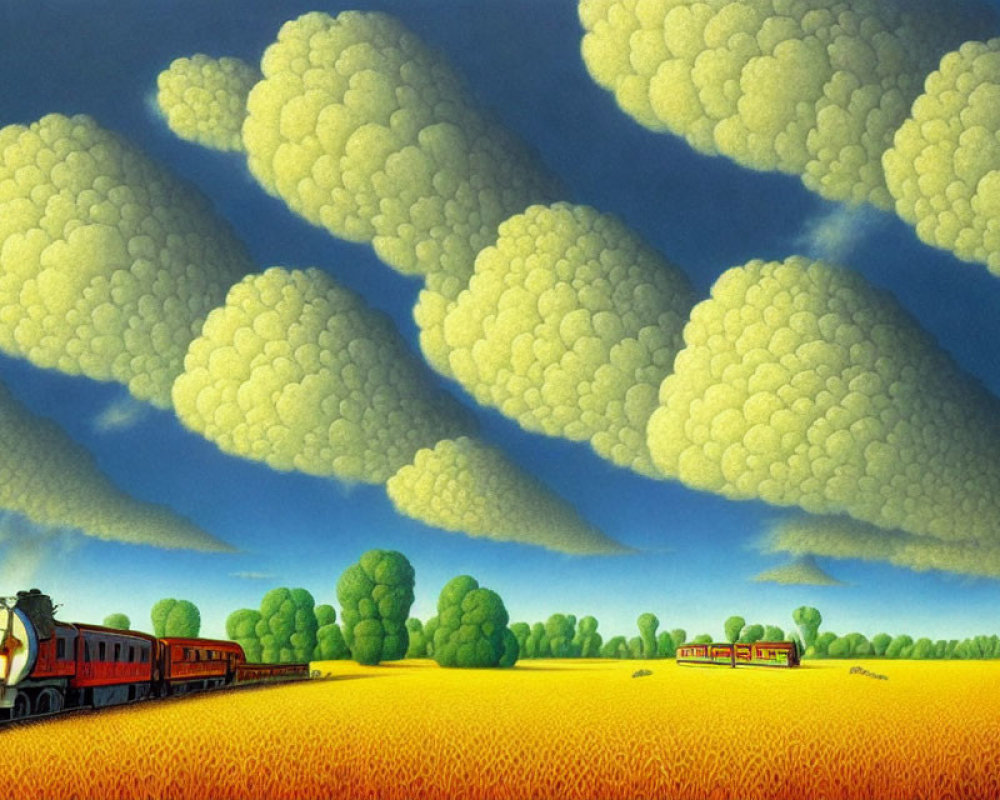 Colorful painting of a train in golden field under fluffy clouds