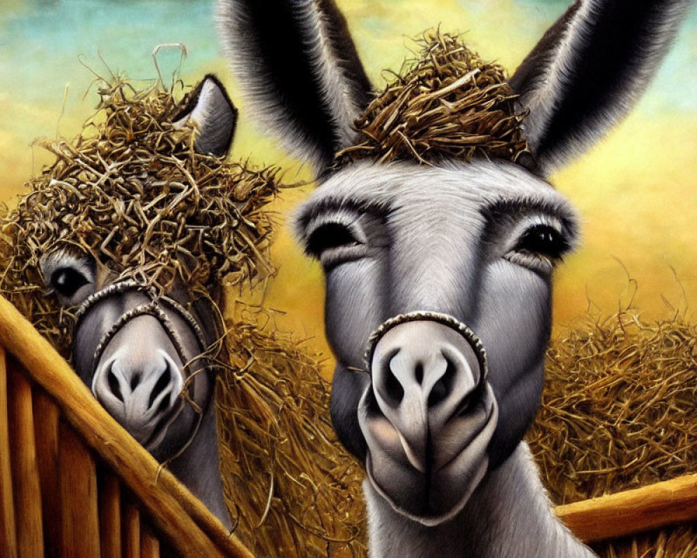 Two donkeys peek over wooden fence with hay, set against yellow background.