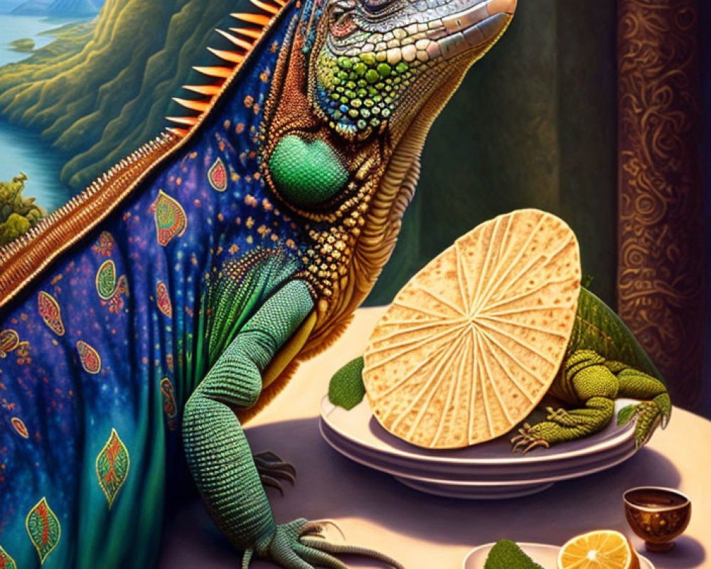 Colorful iguana painting with citrus slices, mountains, and river.