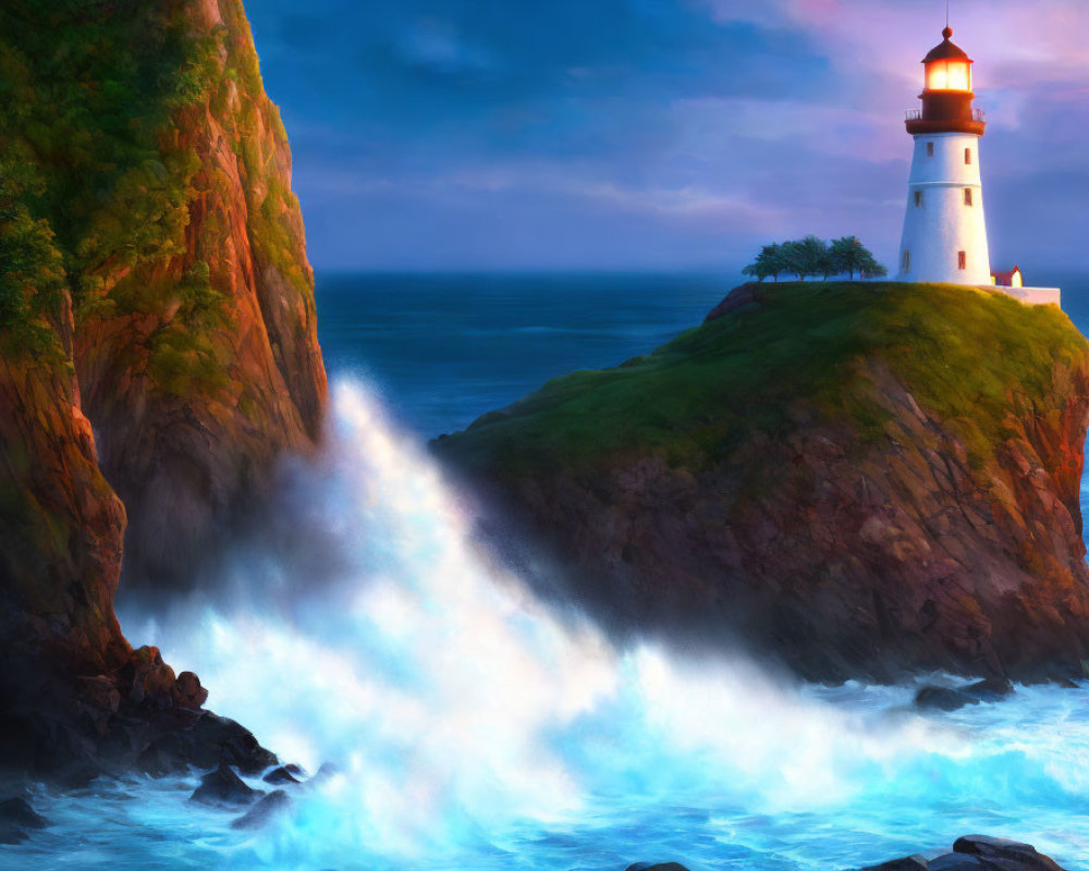 Lighthouse on Cliff Overlooking Ocean Waves at Dusk