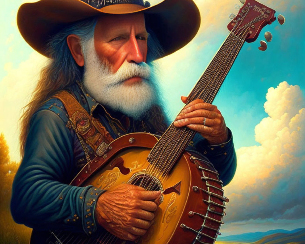 Elderly man with white beard plays banjo in cowboy attire against serene landscape