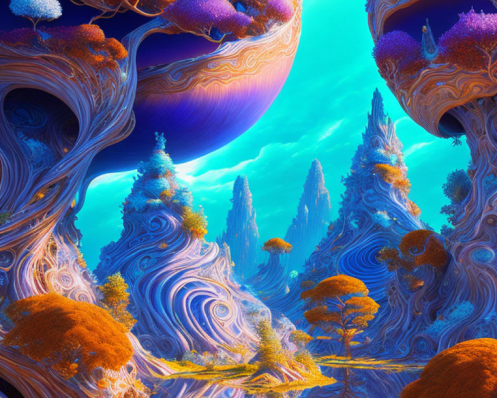 Colorful surreal landscape with oversized mushrooms and fantastical flora.