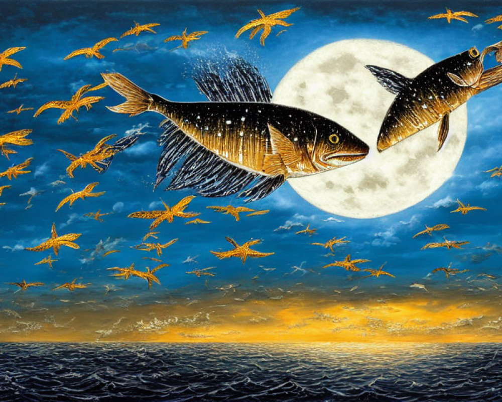 Large flying fish under full moon with smaller fish in night sky.