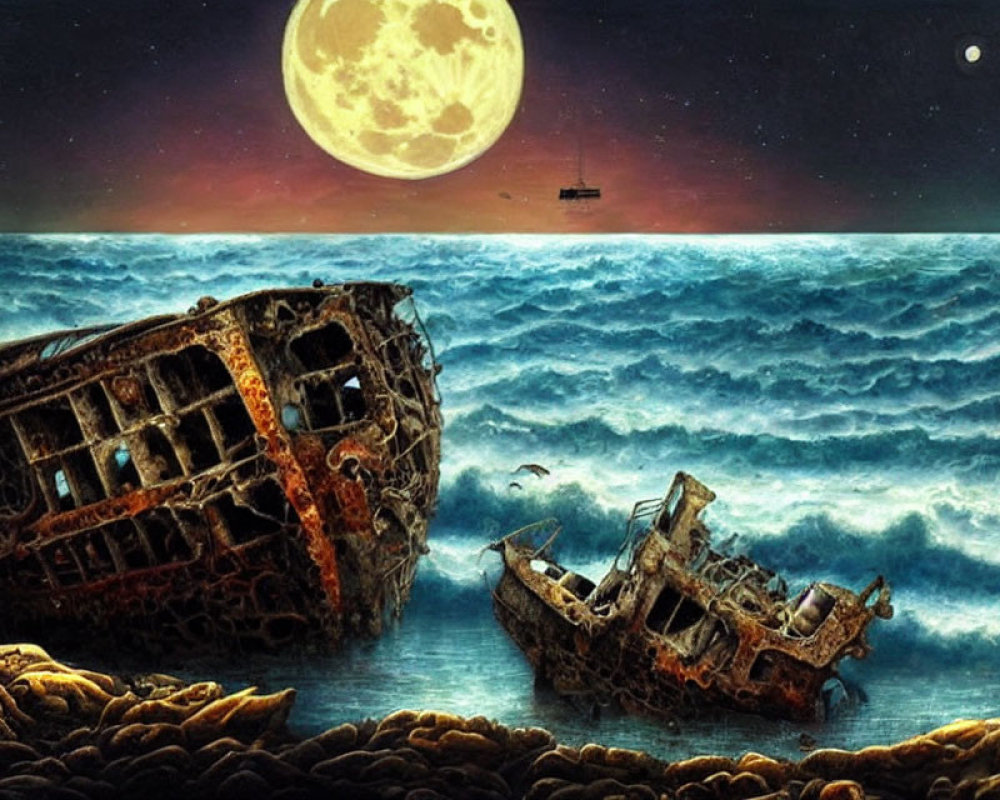 Moonlit shipwrecks on rocky shore with crashing waves and sailing boat