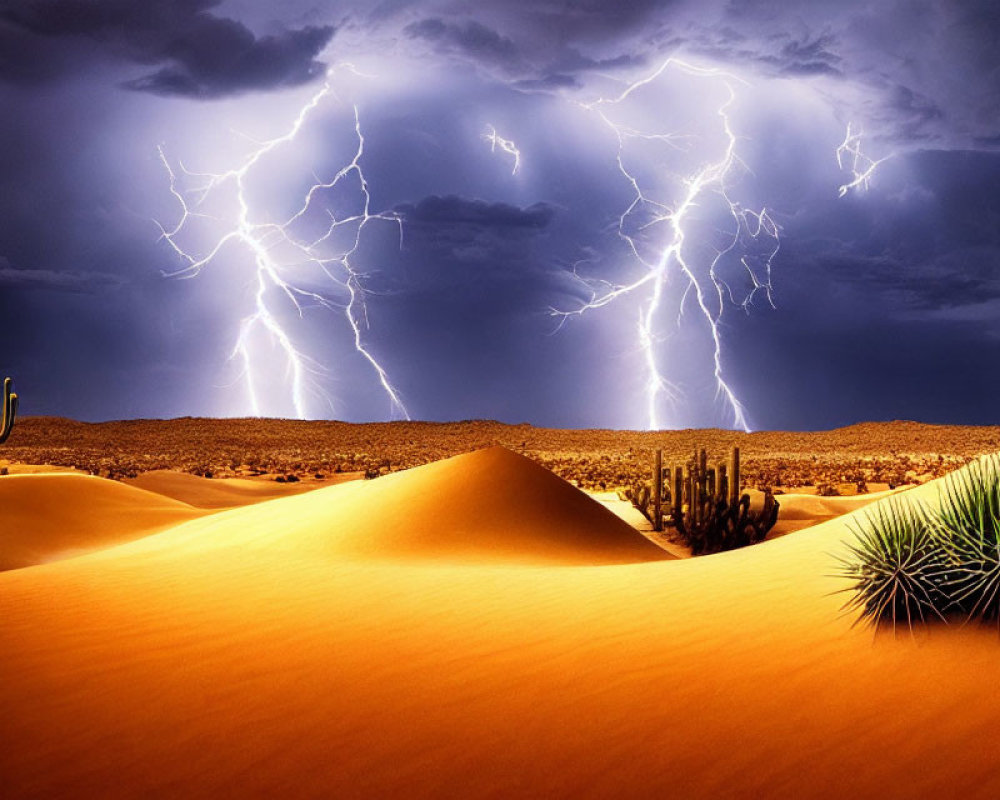 Stormy Desert Landscape with Lightning Strikes and Sand Dunes