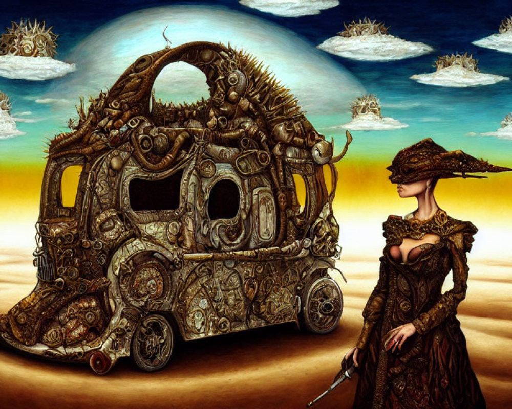 Steampunk-themed artwork with Victorian woman, mechanical carriage, surreal clouds, and large moon.