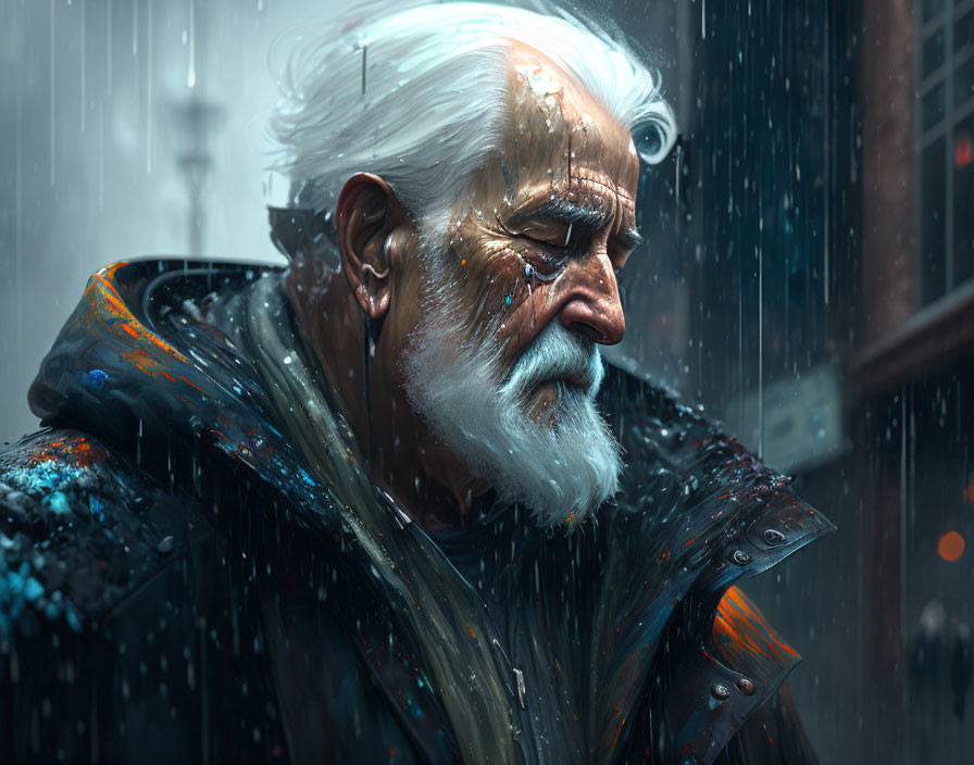 Elderly man with white beard in contemplation under raindrops