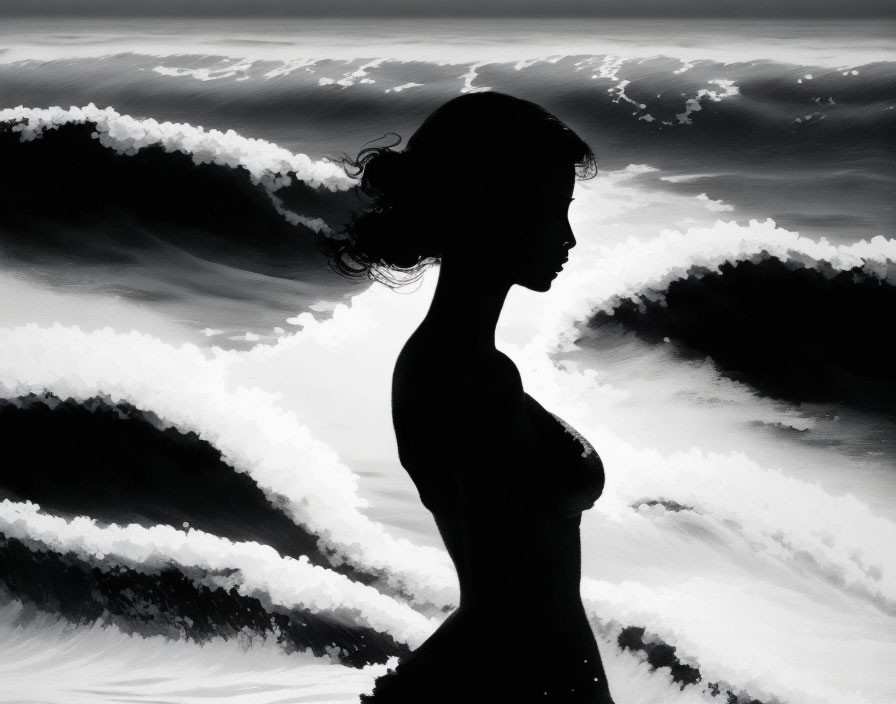 Monochrome silhouette of a woman with stylized ocean waves