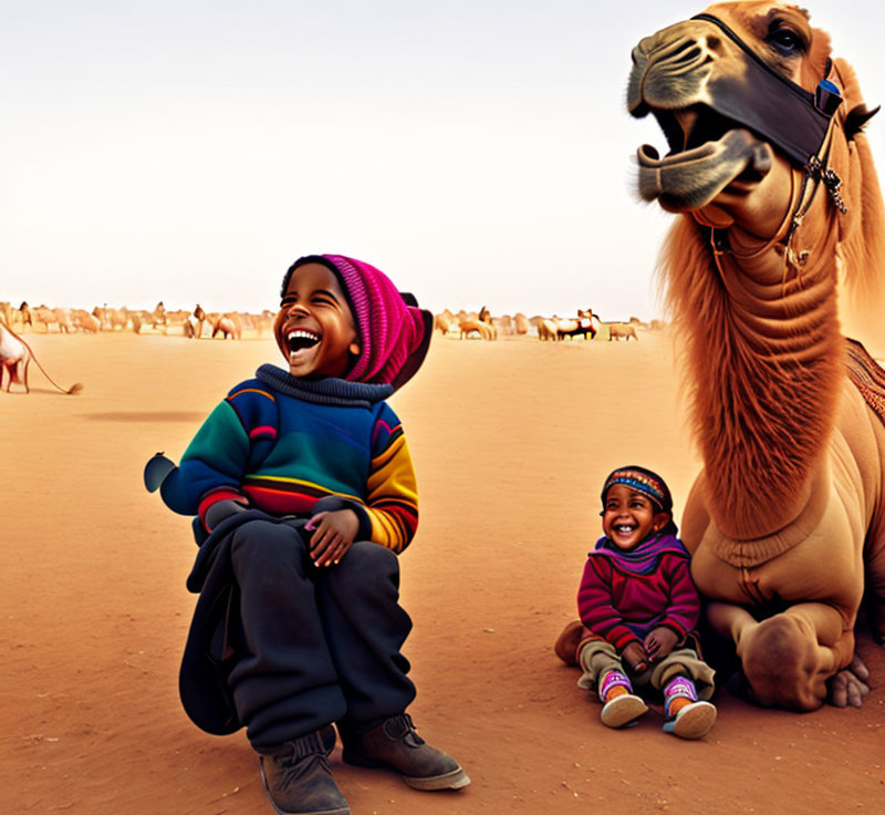 Children and camel in desert landscape with hazy sky and camels in background