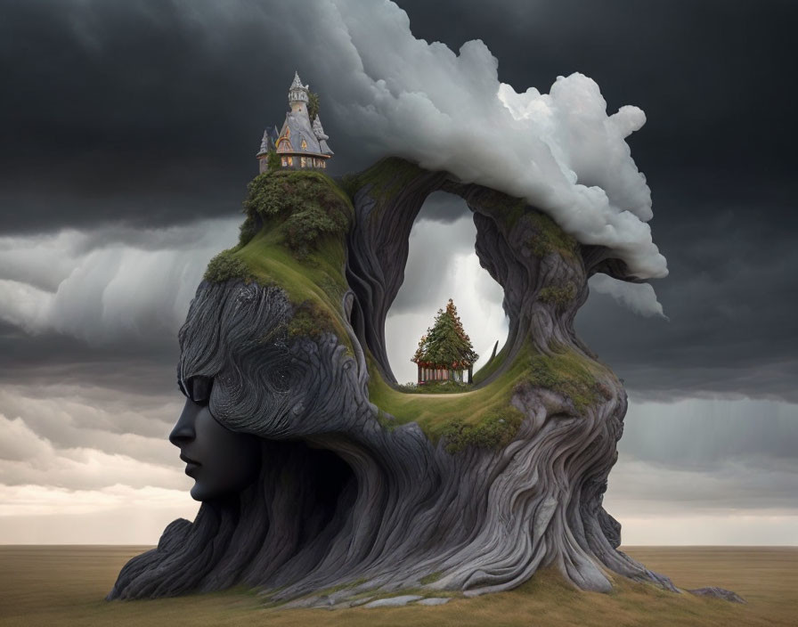 Surreal landscape: giant tree shaped like human head, castle, serene environment, tree inside hollow