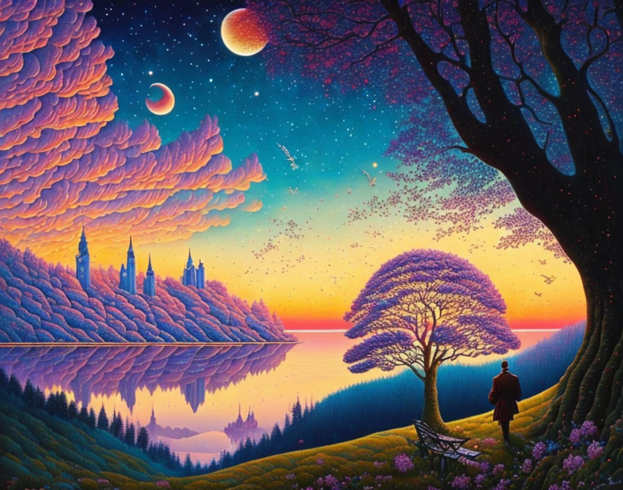 Colorful painting: Person admiring castle under starry sky with crescent moon, reflected in lake