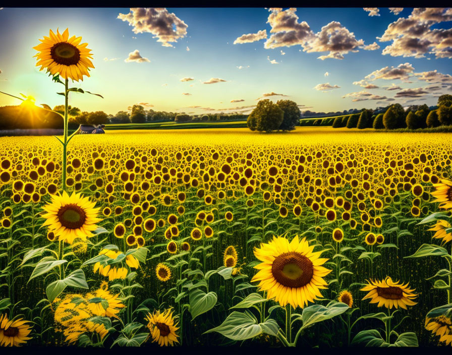 Sunflower field at sunset with vivid sky