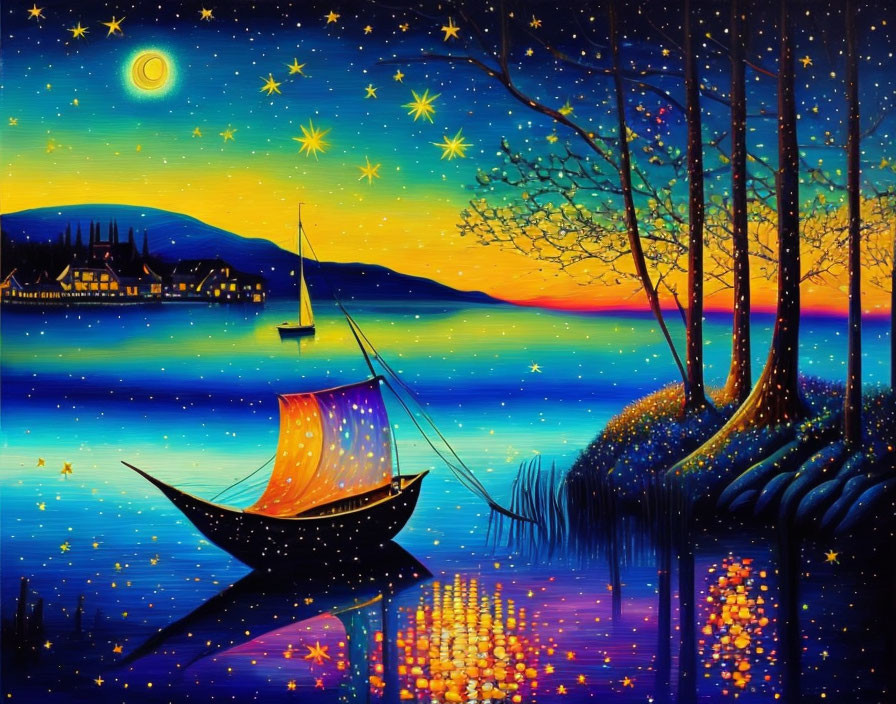 Starry Night Sky Painting with Crescent Moon, Lake, Sailboat, and Trees