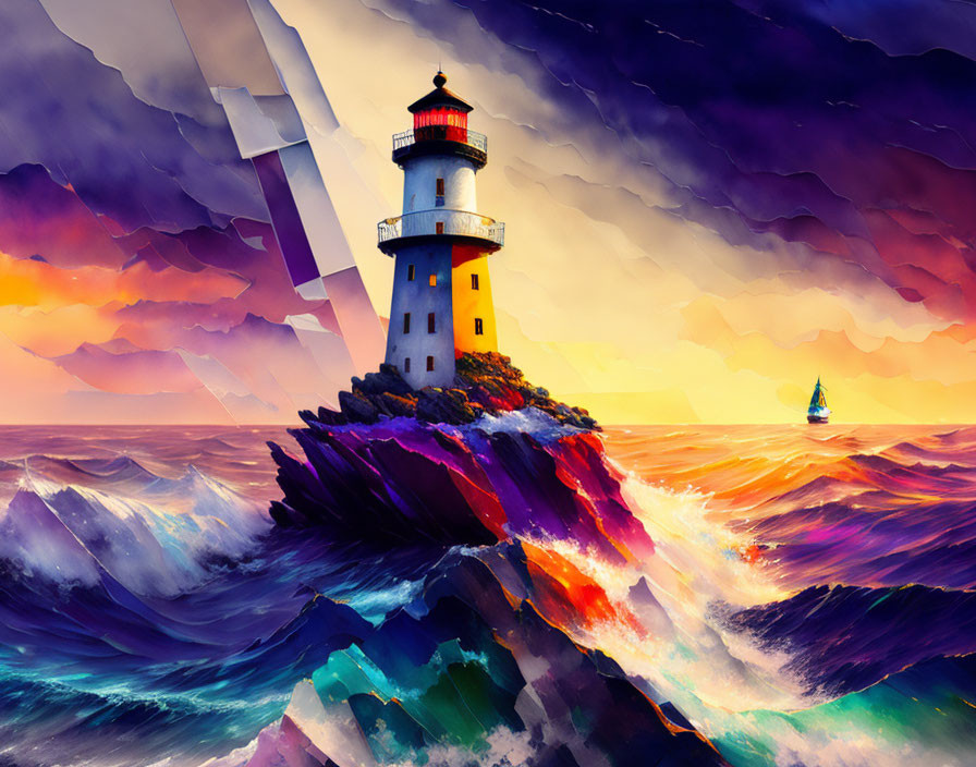 Colorful Stylized Artwork: Lighthouse on Rocky Outcrop