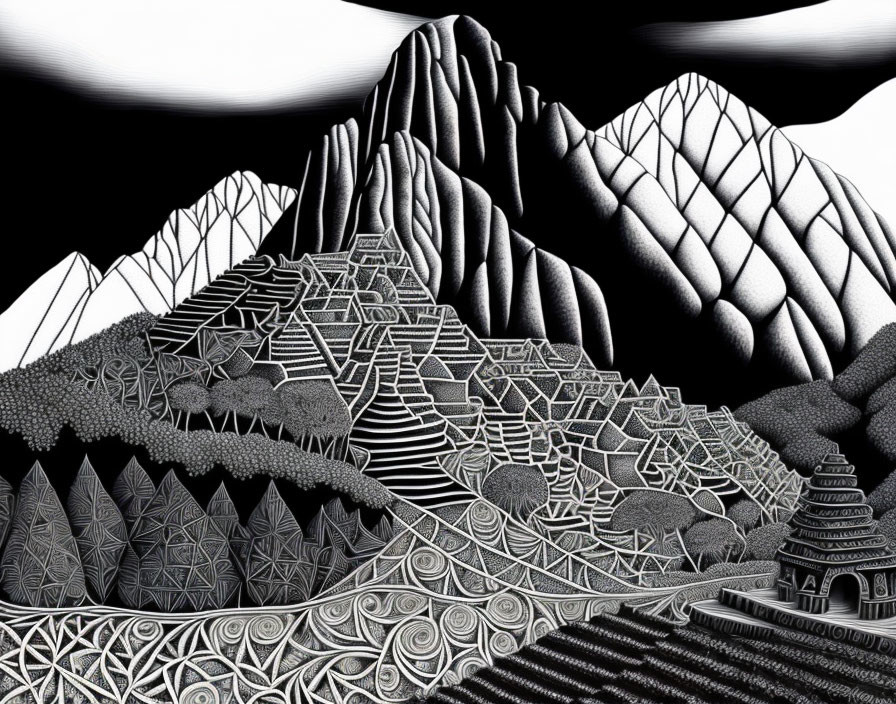 Monochrome surreal landscape with textured patterns of mountains and architecture