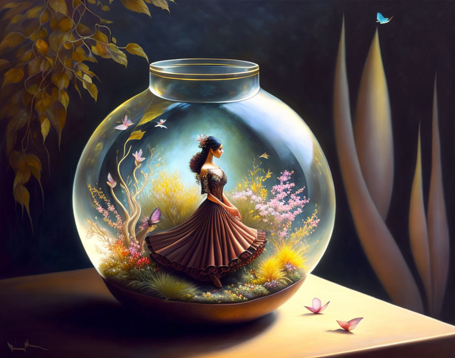 Whimsical painting of woman in fishbowl with flowers, butterflies, and bluebird