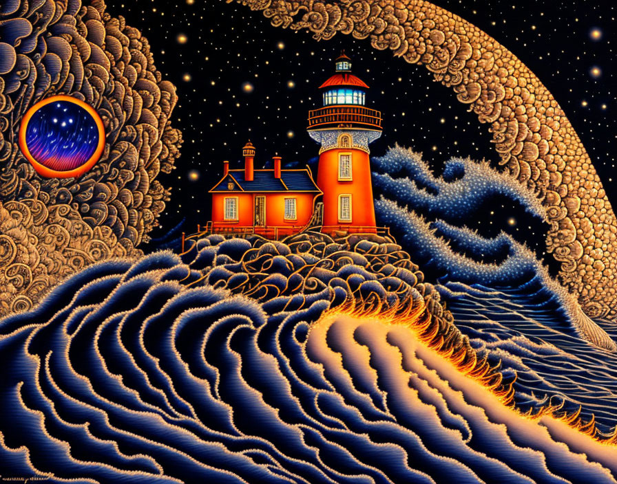 Colorful lighthouse on cliff with starry sky and galaxy swirls