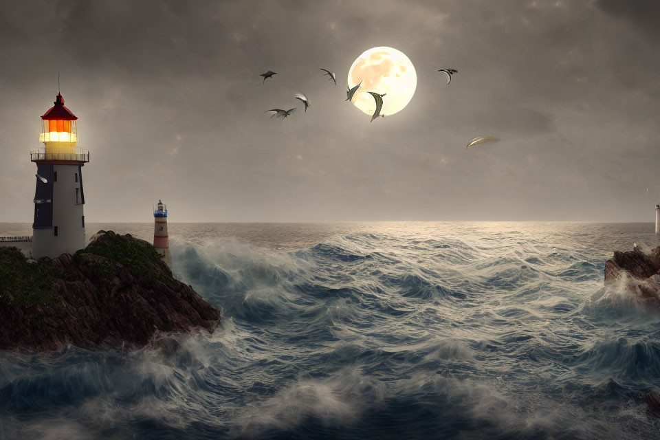 Moonlit seascape with lighthouse on rocky cliffs and flying birds