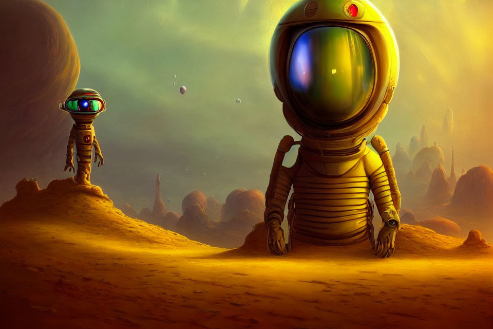 Stylized astronauts on rocky alien landscape with oversized helmets