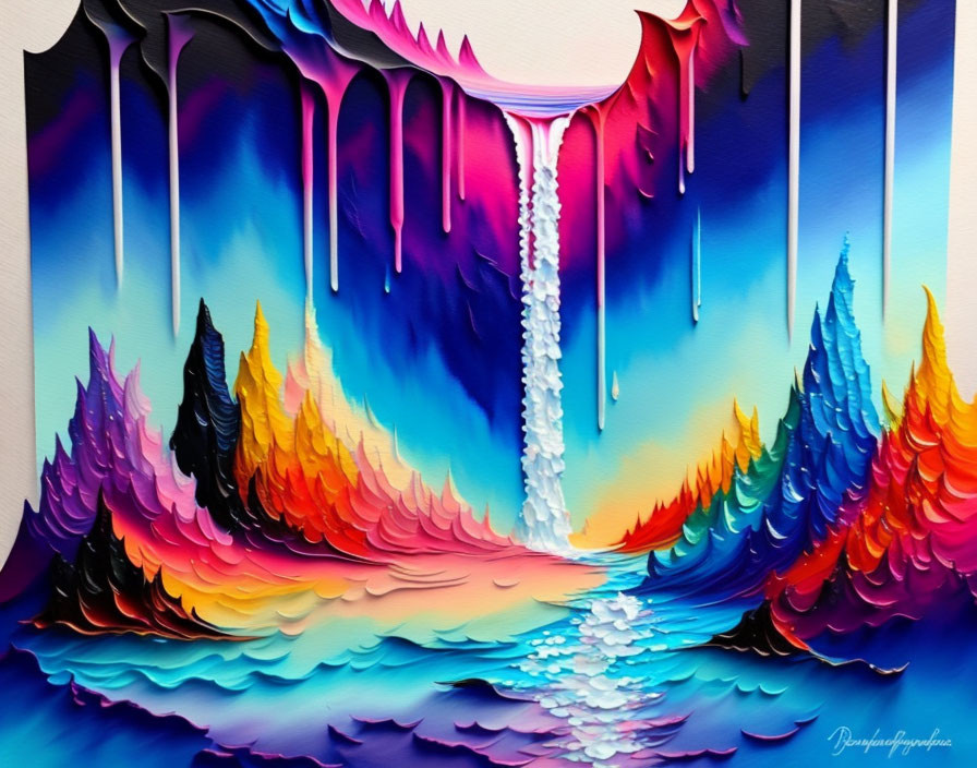 Colorful painting of fantastical landscape with vibrant trees and surreal waterfall