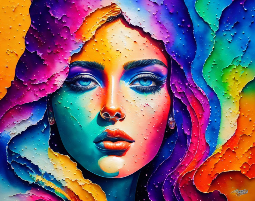 Colorful portrait of a woman with intense blue eyes and rainbow-hued face.