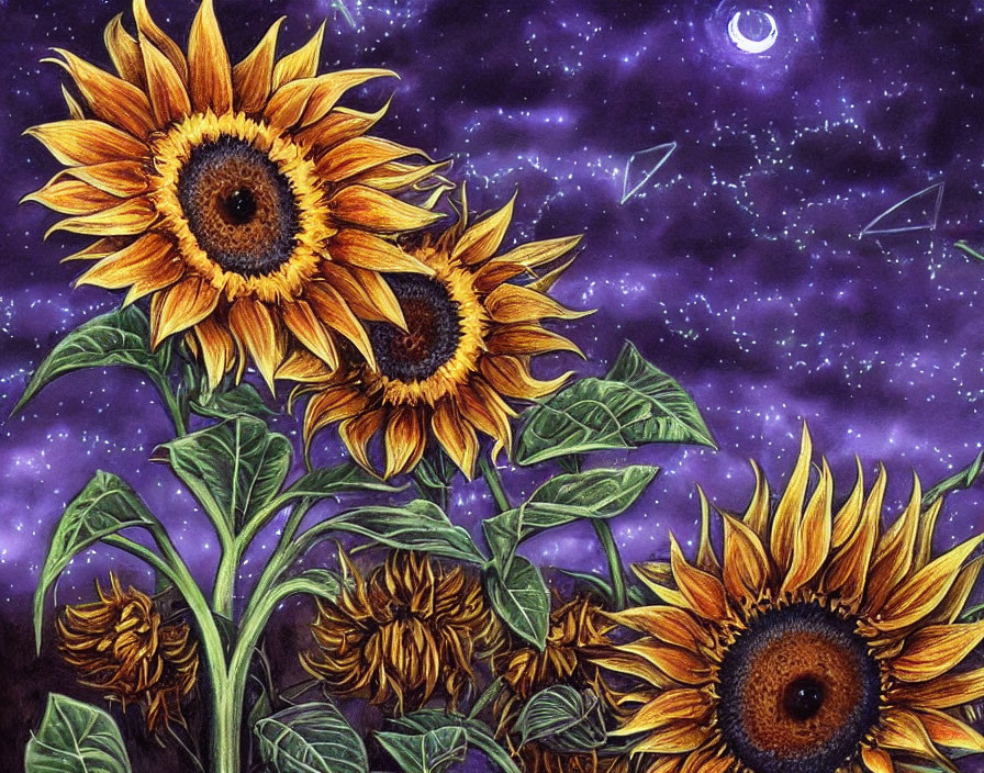 Sunflowers against purple nebulae and starry night sky