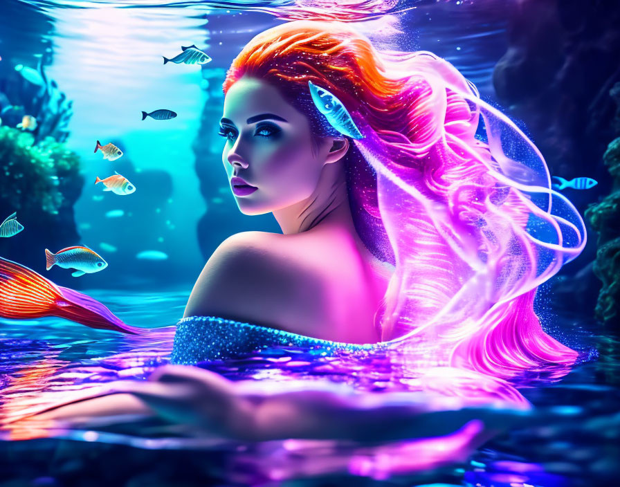 Vibrant red-haired mermaid underwater with colorful fish