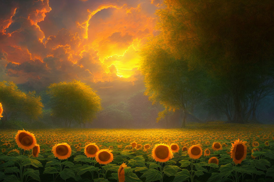 Sunflower field at sunrise with orange clouds and sunray.