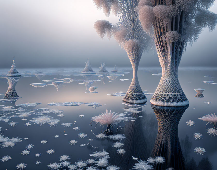 Intricate tree-like structures reflected in calm water amid delicate white formations under a hazy blue-ton