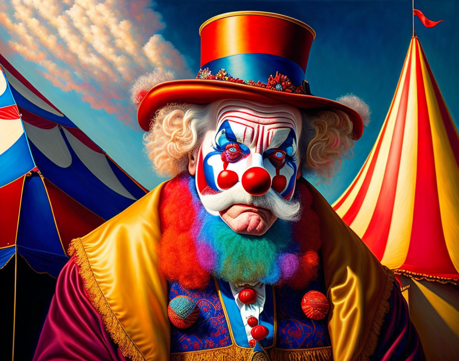 Colorful Clown in Top Hat and Costume Against Circus Tent Background