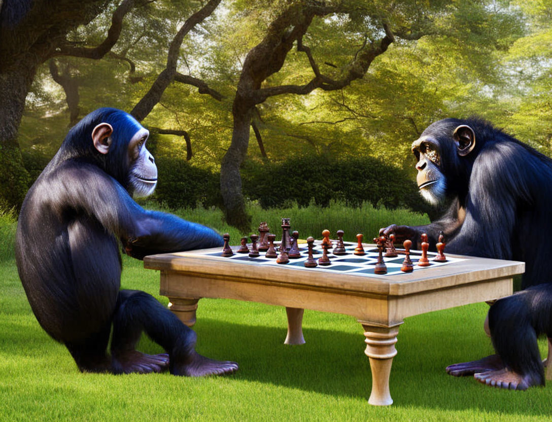 Chimpanzees playing chess in sunny outdoor setting