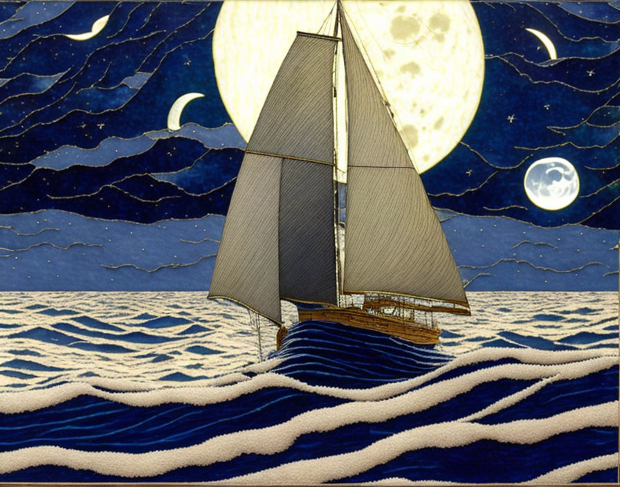 Sailboat illustration on wavy seas with crescent and full moons