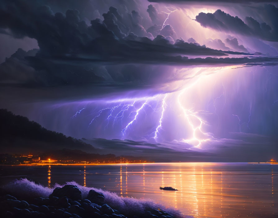 Stormy Night Sky with Lightning Over Tranquil Sea