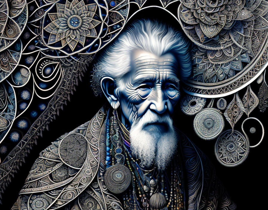 Detailed Digital Art: Elderly Man Portrait with Mandala Background