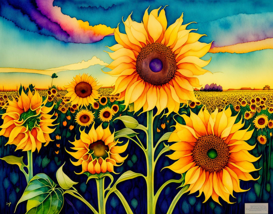 Colorful sunset sky painting with vibrant sunflowers and lush greenery