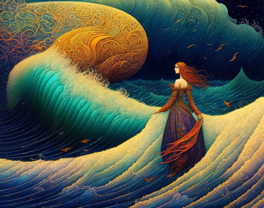 Vibrant illustration of woman with flowing red hair in gold and blue tones