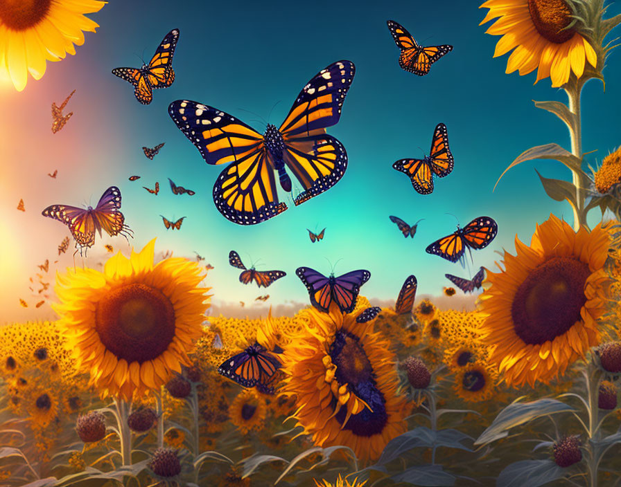 Monarch butterflies in sunflower field at sunset