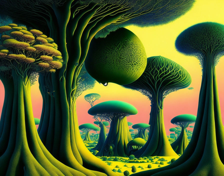 Surreal forest with fantastical trees and oversized mushrooms under gradient sky