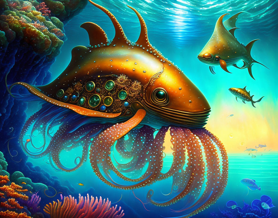 Colorful underwater scene with stylized fish and mechanical elements among coral reefs