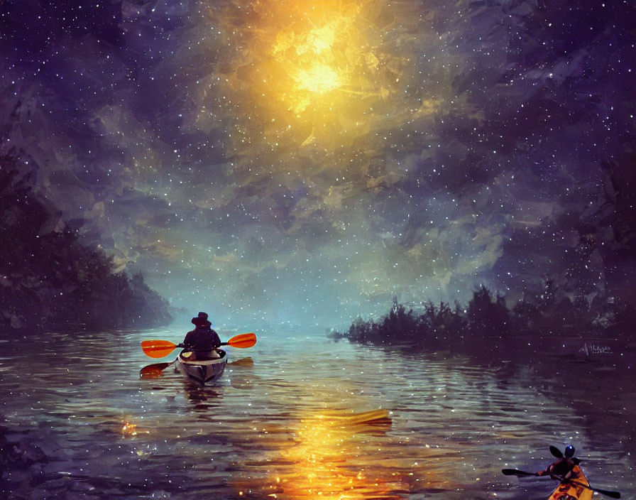 Night kayaking under starry sky with yellow glow on water