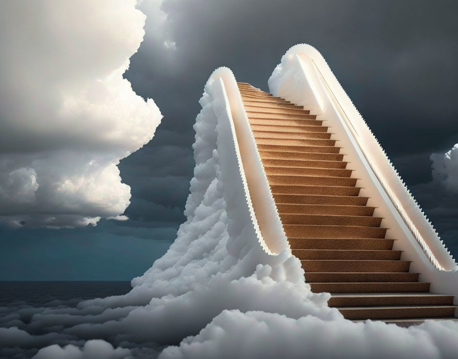 Surreal staircase ascends through clouds in dramatic sky